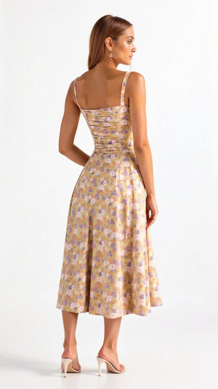 Trendy women's midi dress with a beautiful corset top, sweetheart neckline, and an eye-catching side slit feature.