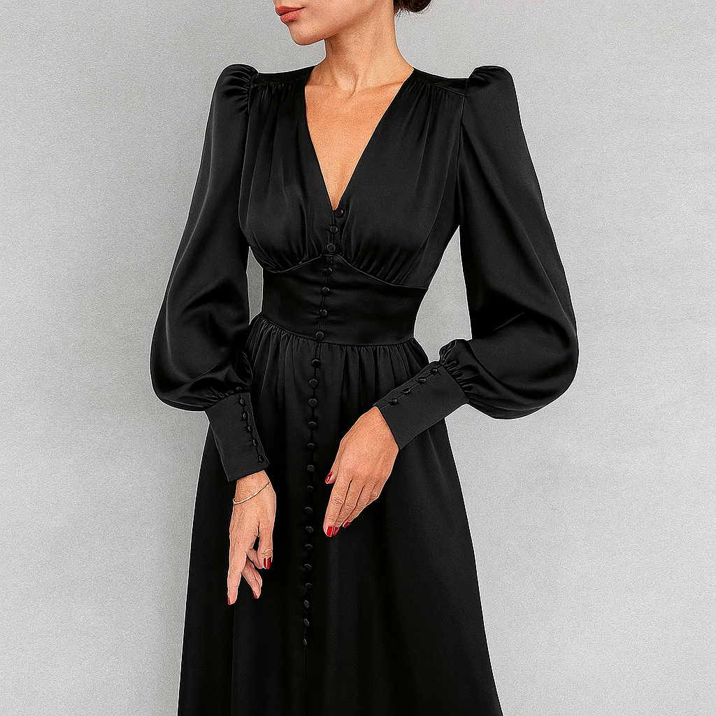 Elegant women's midi dress with flattering V-neck and stylish puffed shoulders, perfect for occasions.
