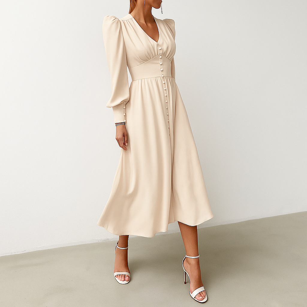 Sophisticated flowy midi dress for women, featuring a V-neck and puffed sleeves, ideal for parties & formal events.