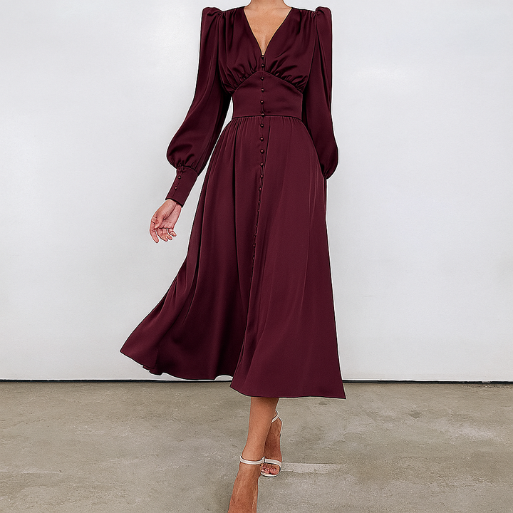 Comfortable & chic women's V-neck midi dress with elegant puffed shoulders. Versatile for casual or dressy wear.