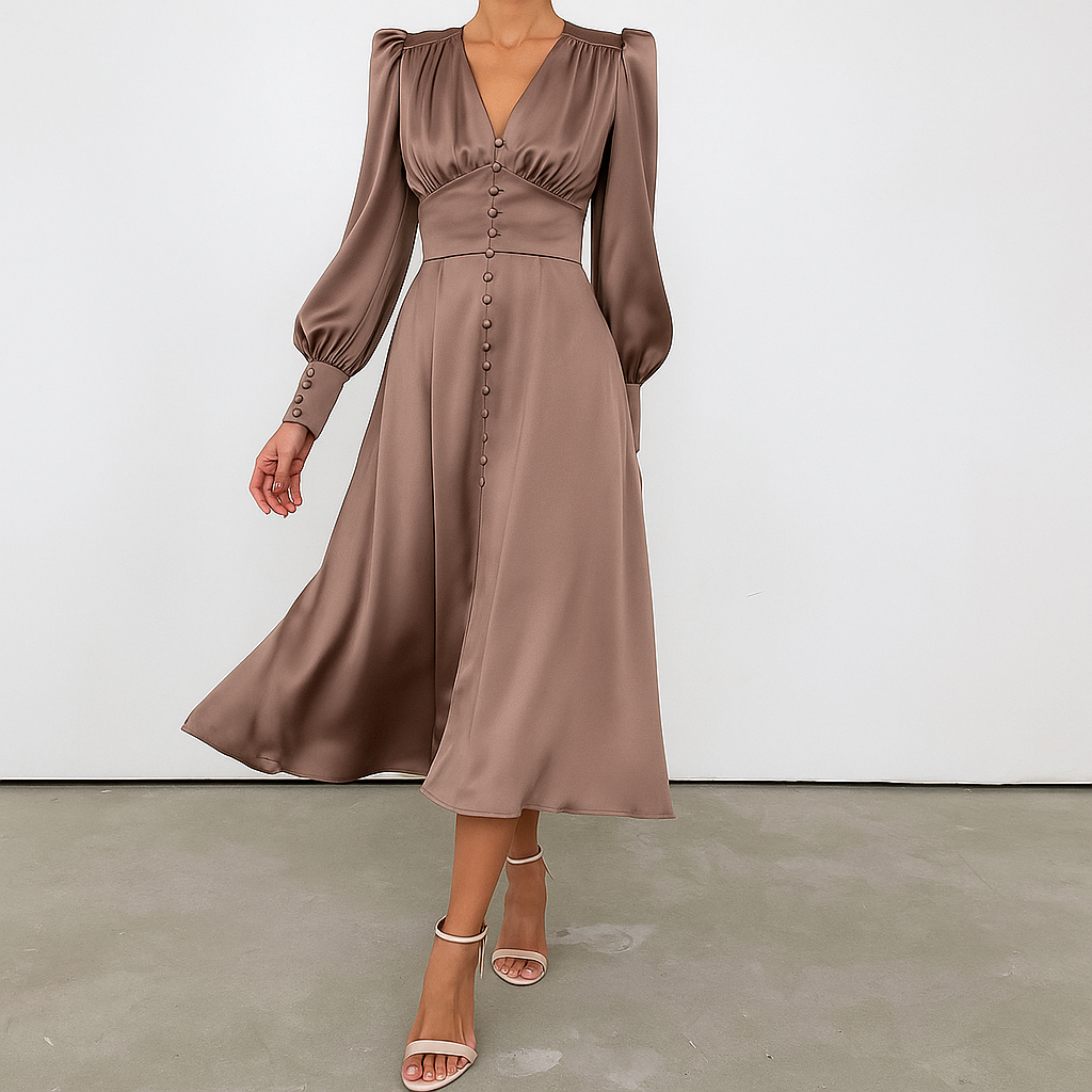 Flattering elegant midi dress for women, with a chic V-neckline and trendy puffed sleeves, a perfect occasion wear.