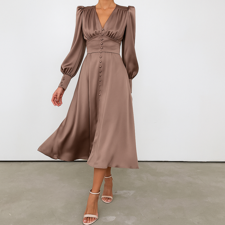 Flattering elegant midi dress for women, with a chic V-neckline and trendy puffed sleeves, a perfect occasion wear.