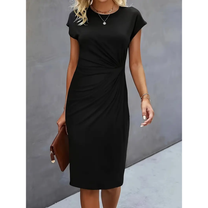Elegant women's midi dress with gathered waist & cap sleeves, perfect for professional office wear.
