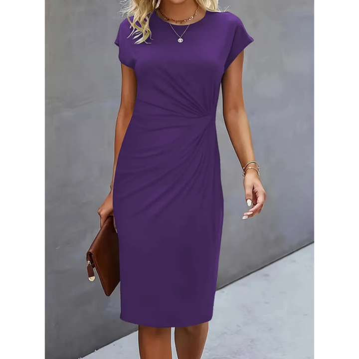 Sophisticated women's business dress, cap sleeve & gathered waist, ideal for formal work attire.