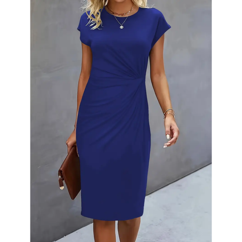 Professional women's office midi dress featuring a flattering gathered waist and elegant cap sleeves.