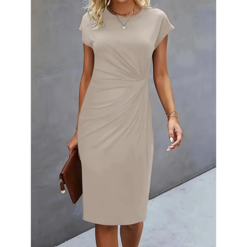 Stylish women's formal midi dress with cap sleeves and a chic gathered waist for business wear.