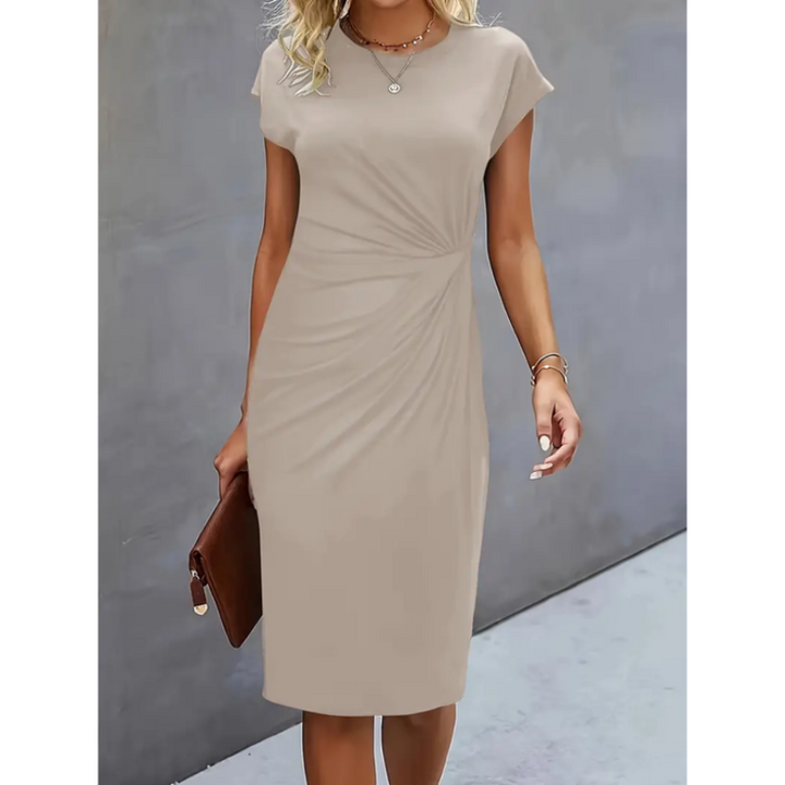 Stylish women's formal midi dress with cap sleeves and a chic gathered waist for business wear.