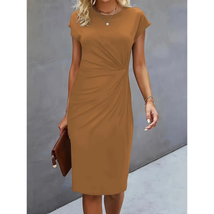 Women's elegant work dress: midi length, cap sleeves, and a flattering gathered waist design.