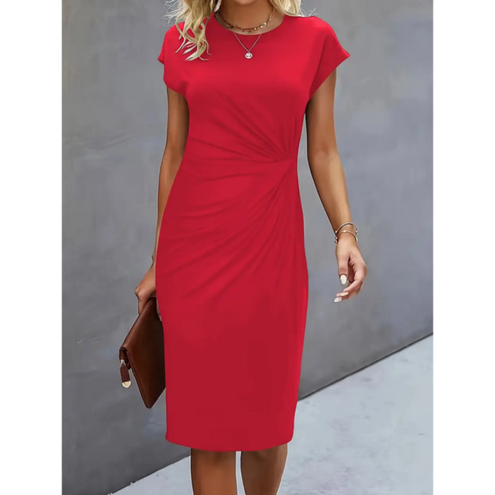 Beautiful women's cap sleeve midi dress with gathered waist, suitable for elegant office and business.