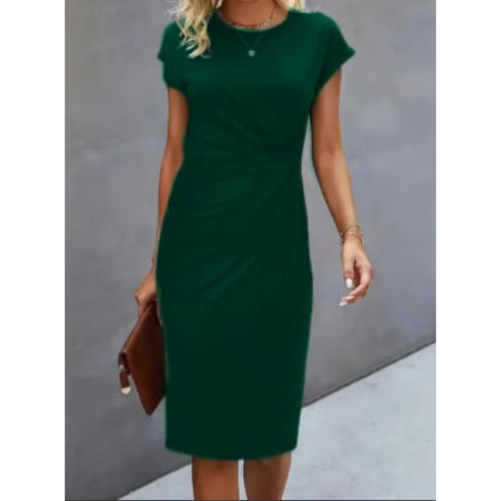 Chic women's workwear midi dress, featuring a flattering gathered waist and comfortable cap sleeves.