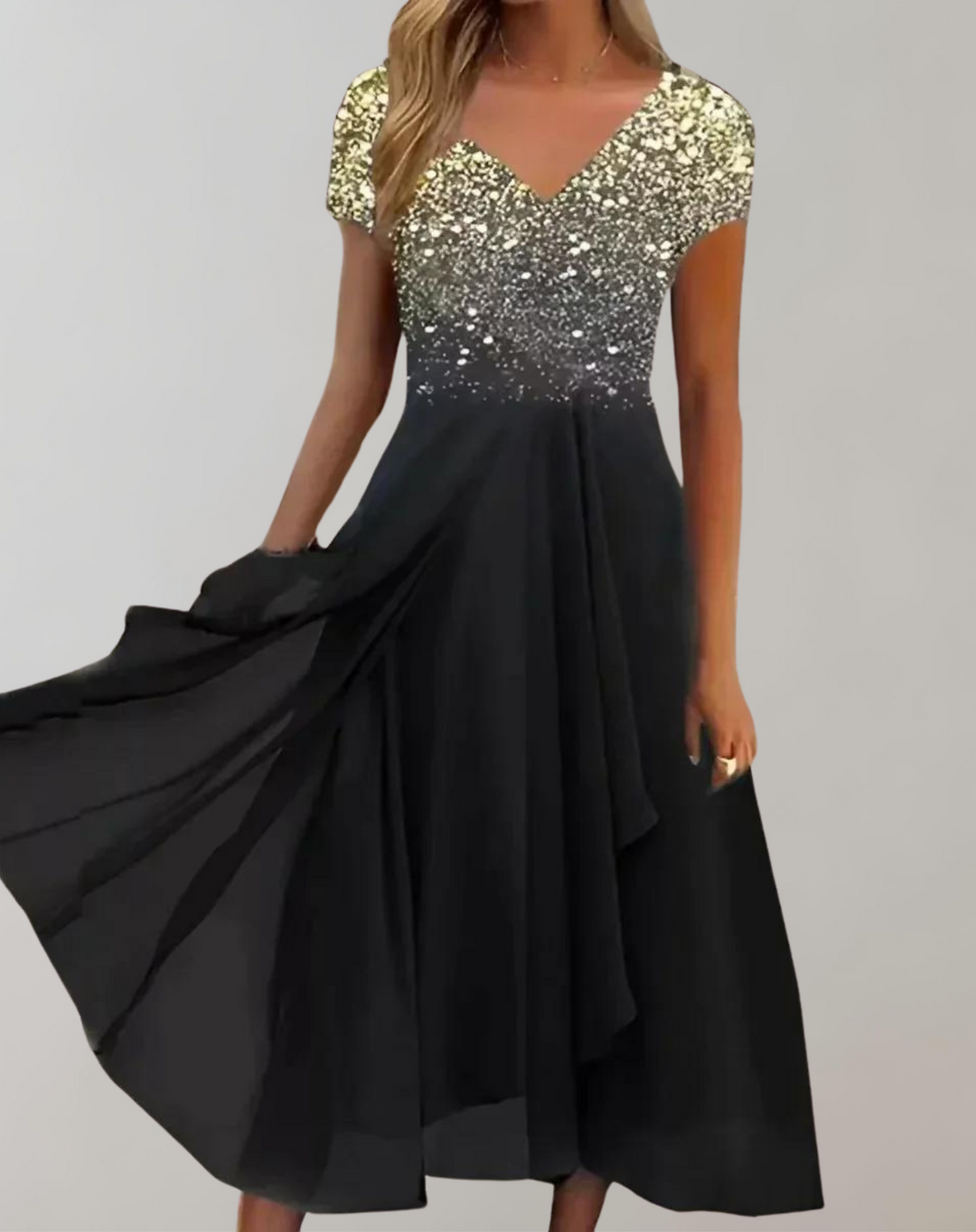 Glamorous women's floral midi evening gown for special occasions. Elegant party dress with embellished details.