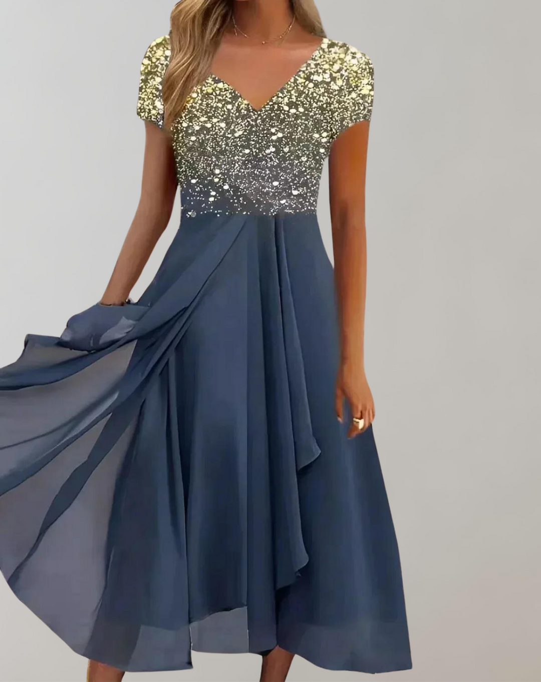 Women's elegant floral embellished midi dress for special occasions. A sophisticated formal wear party gown.