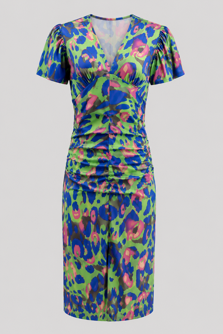 Chic women's casual midi dress. Abstract print, V-neck, puff sleeves, and a stylish gathered waist.