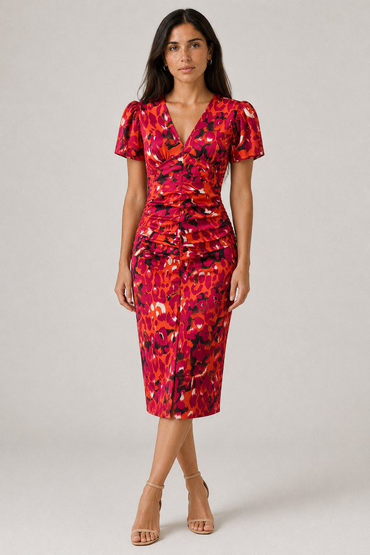 Fashionable women's elegant midi dress. Abstract print, V-neck, puff sleeves, and a flattering gathered waist.