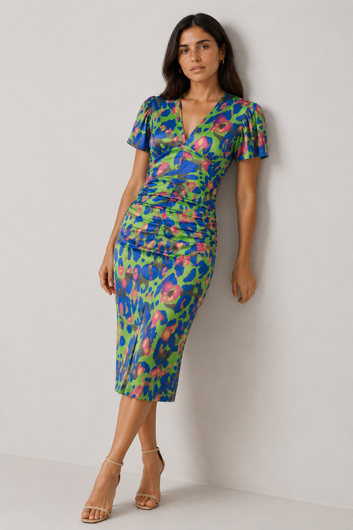 Stylish women's spring midi dress. Features puff sleeves, gathered waist, V-neck, and a beautiful abstract print.