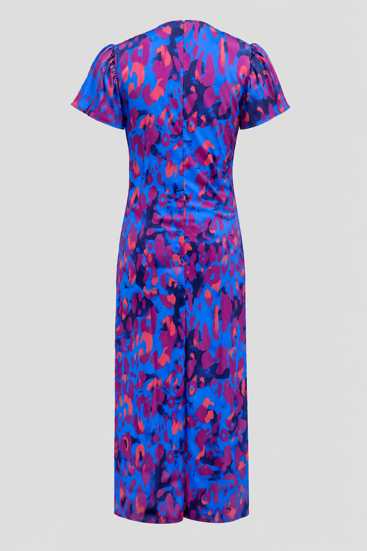 Summer women's fashion midi dress. Elegant with puff sleeves, gathered waist, V-neck & striking abstract print.
