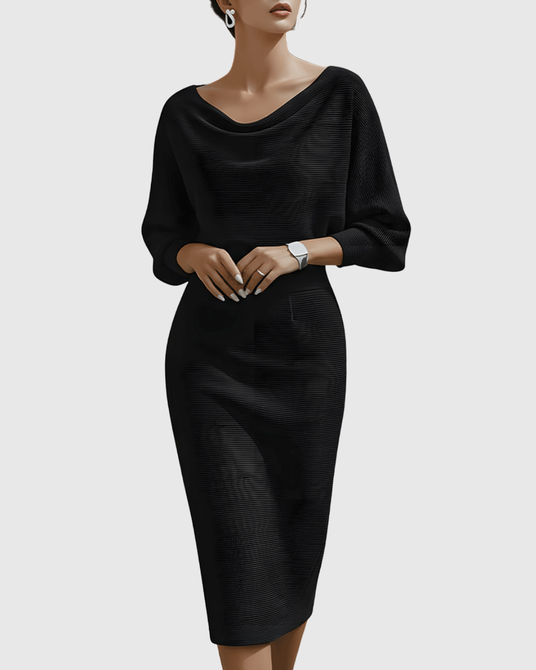 Elegant women's midi dress with sophisticated cowl neck & flattering batwing sleeves for parties.