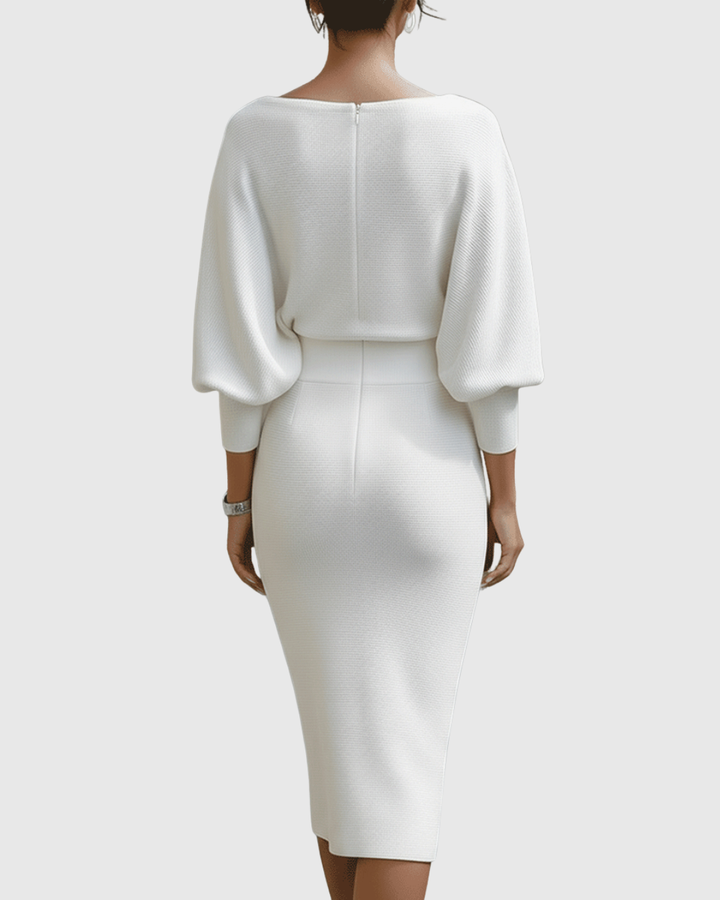 Sophisticated women's elegant midi dress with cowl neck & batwing sleeves, ideal for party & evening wear.