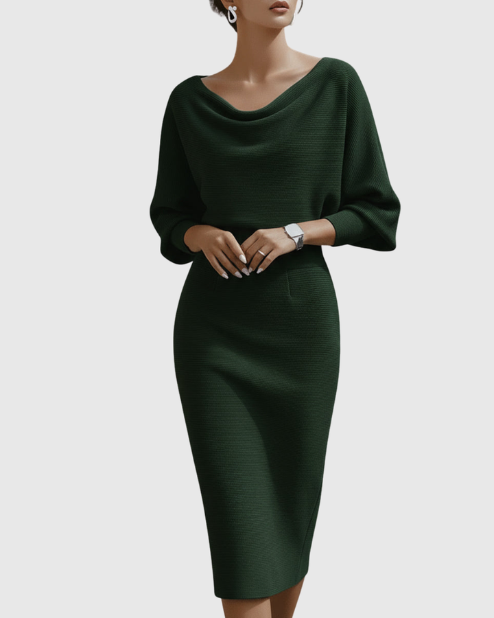 Flattering women's cowl neck midi dress with batwing sleeves, ideal for sophisticated events.