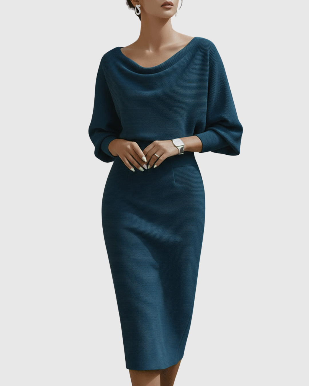 Fashionable women's midi dress offering comfort with an elegant cowl neck and batwing sleeves.