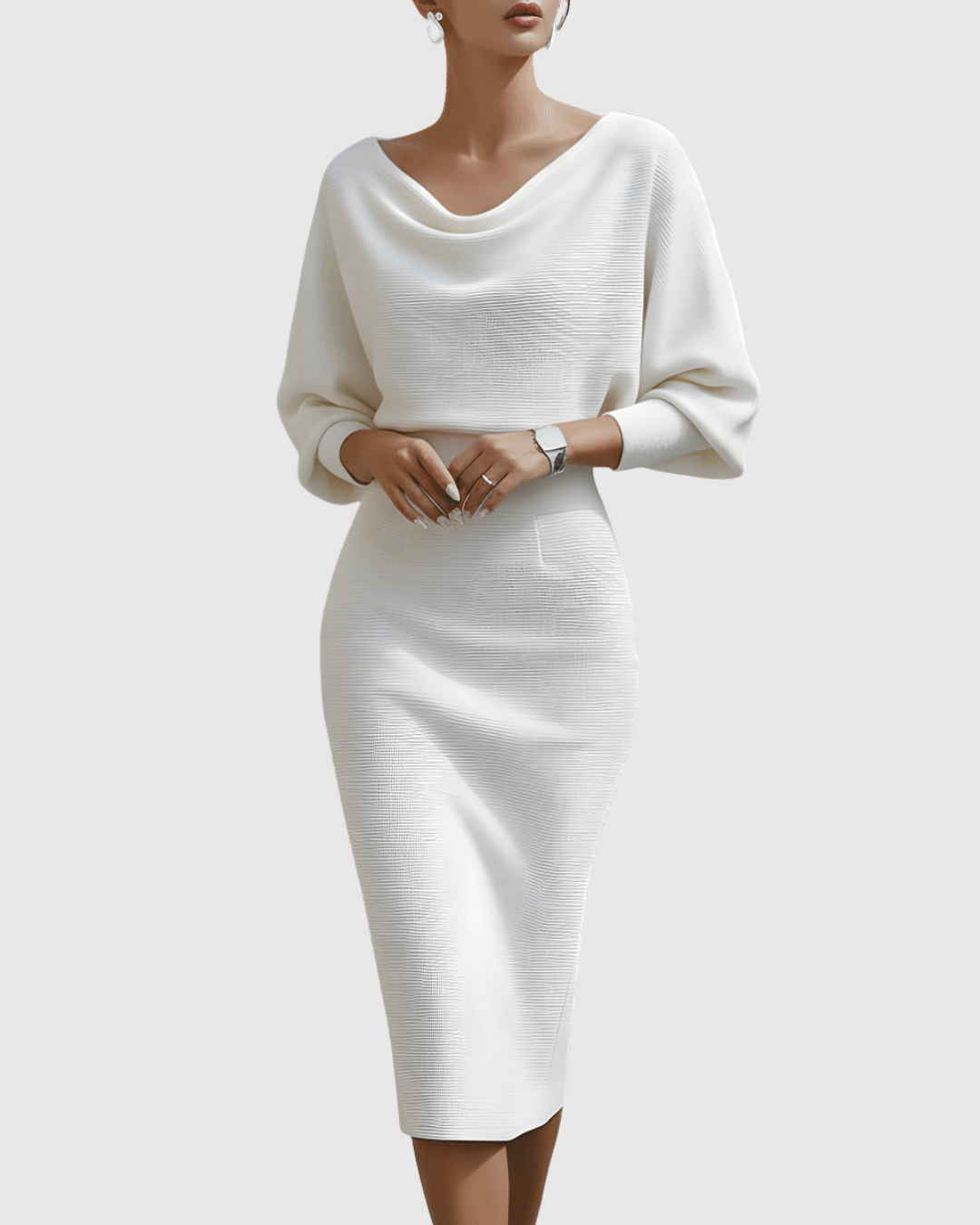 Sophisticated women's midi dress featuring an elegant cowl neck, flattering batwing sleeves, perfect for parties.