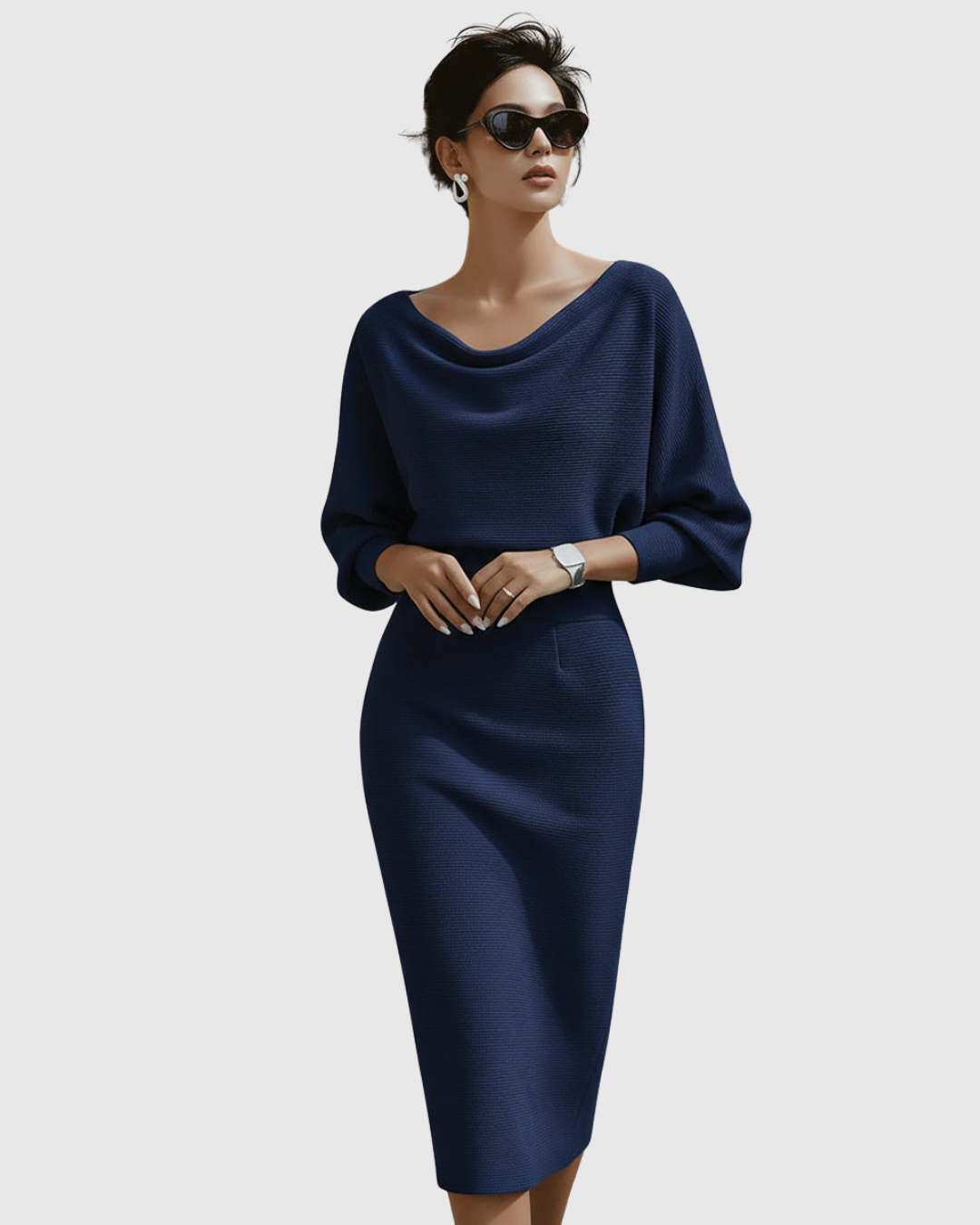 Versatile women's elegant midi dress with cowl neck and batwing sleeves, great for various occasions.