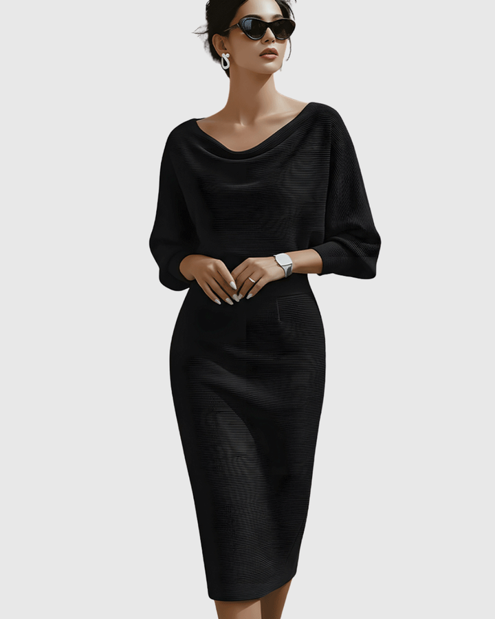 Elegant women's midi dress with a stylish cowl neck and comfortable batwing sleeves, perfect for events.