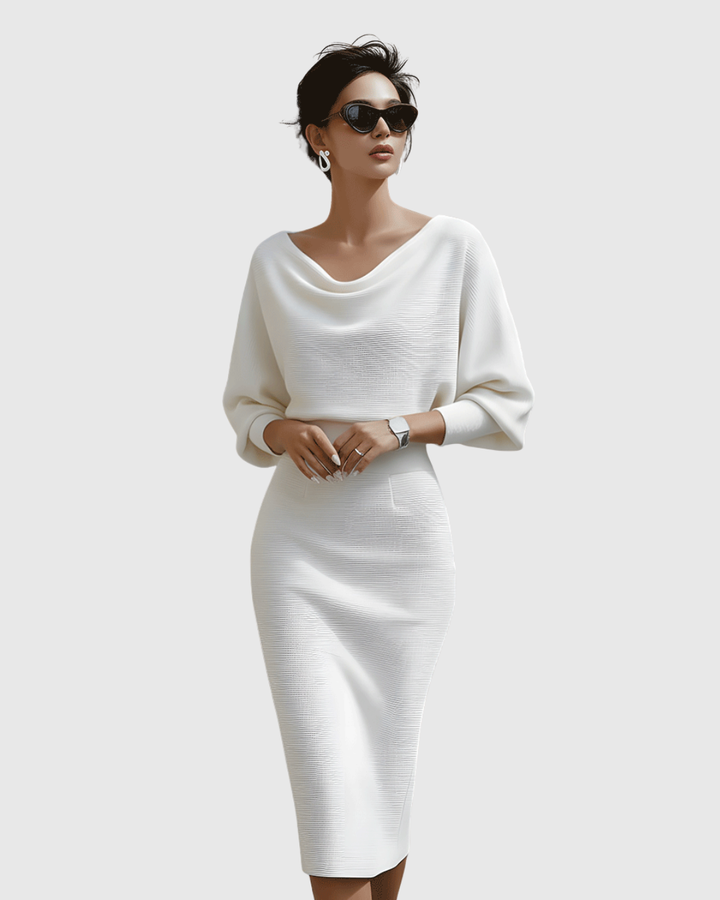 Flattering women's batwing sleeve midi dress with an elegant cowl neck, sophisticated for evening wear.
