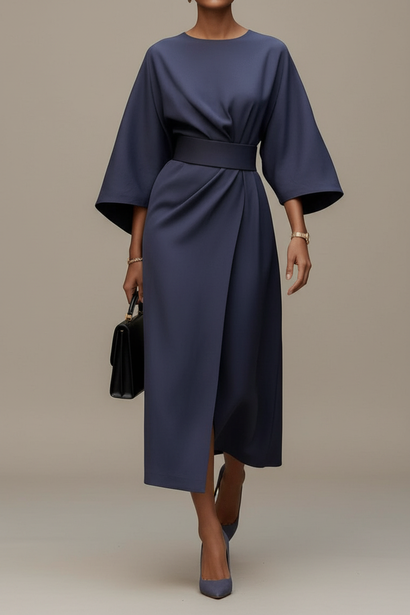 Elegant women's midi dress with unique lantern sleeves, perfect for evening wear or special occasions.