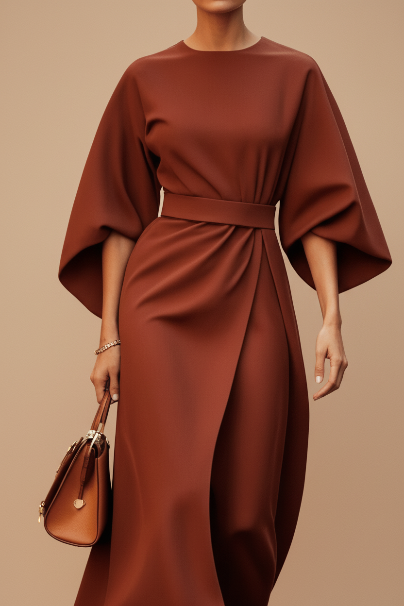 Women's timeless midi dress with elegant lantern sleeves, perfect for sophisticated special occasions.