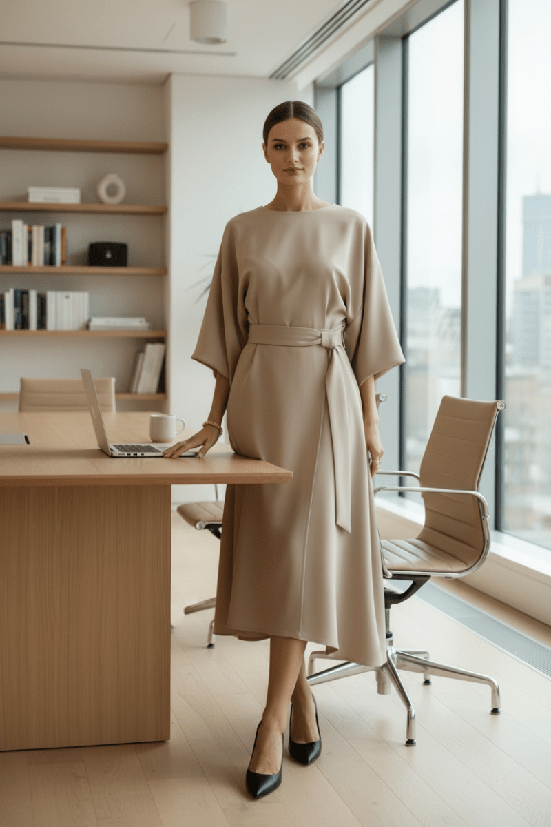 Beautiful women's long sleeve midi dress with elegant lantern sleeves. Great for formal parties.