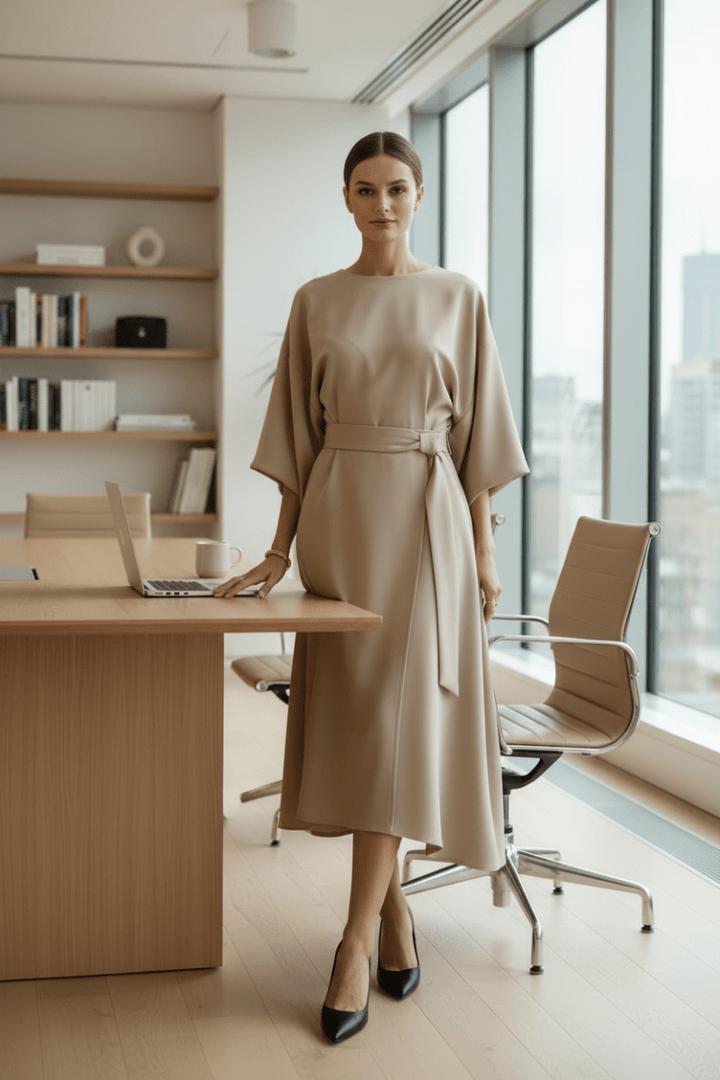 Beautiful women's long sleeve midi dress with elegant lantern sleeves. Great for formal parties.
