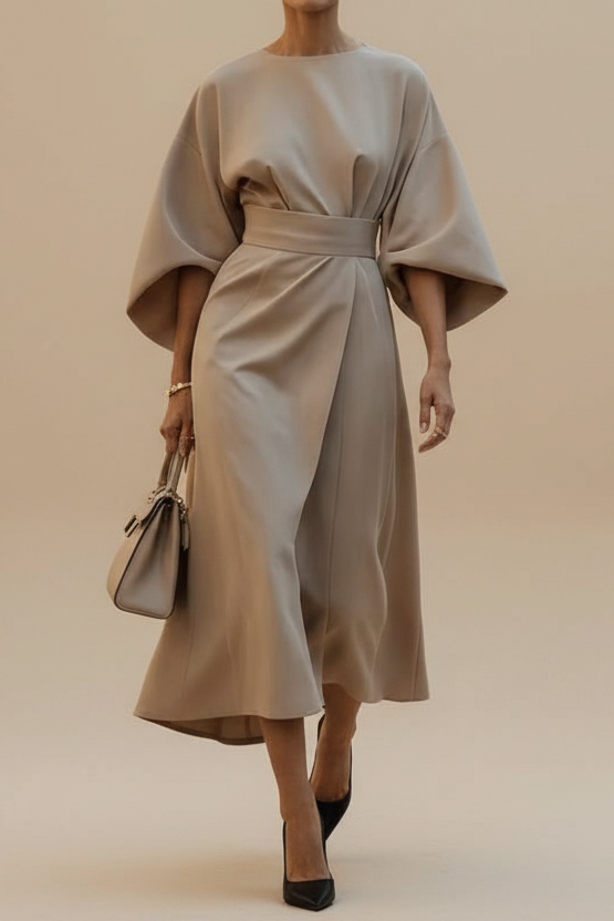 Chic women's lantern sleeve midi dress, an elegant choice for evening wear or special occasions.