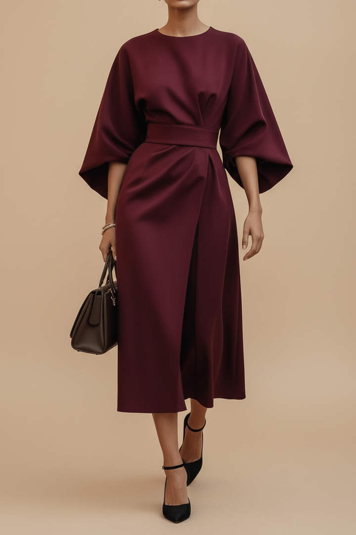 Formal women's midi dress with unique lantern sleeves, perfect for a wedding guest or special event.