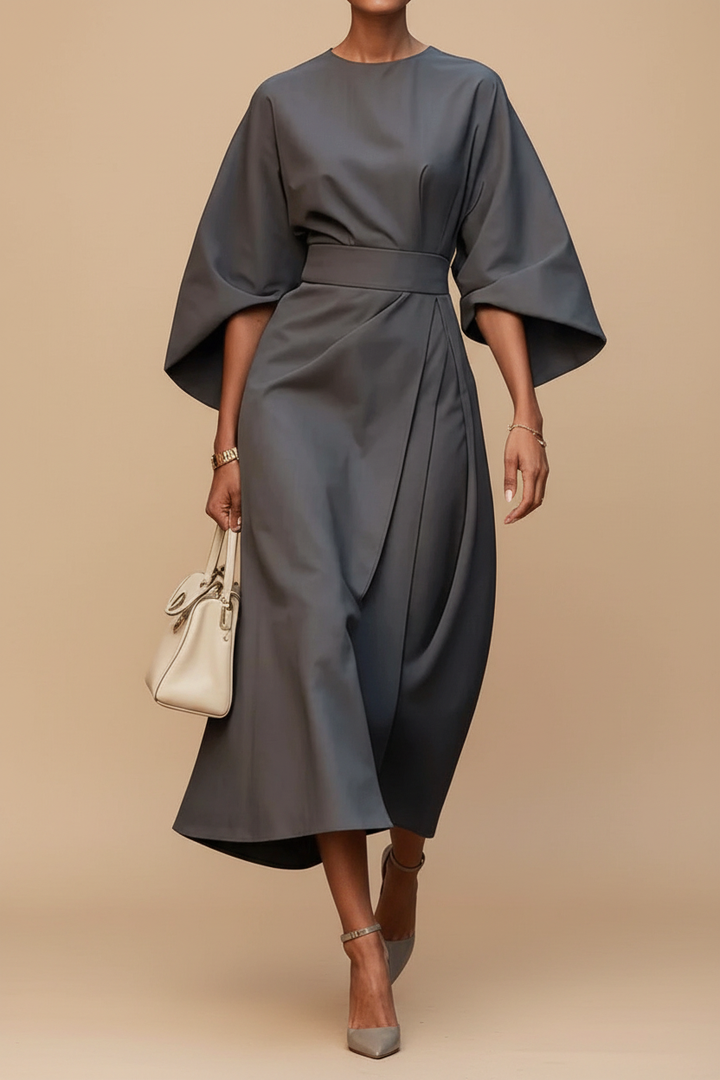 Elegant long sleeve midi dress for women, featuring fashionable lantern sleeves. Timeless style.