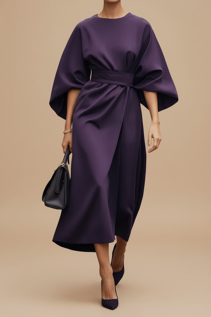 Versatile women's elegant lantern sleeve midi dress, suitable for evening wear and formal events.