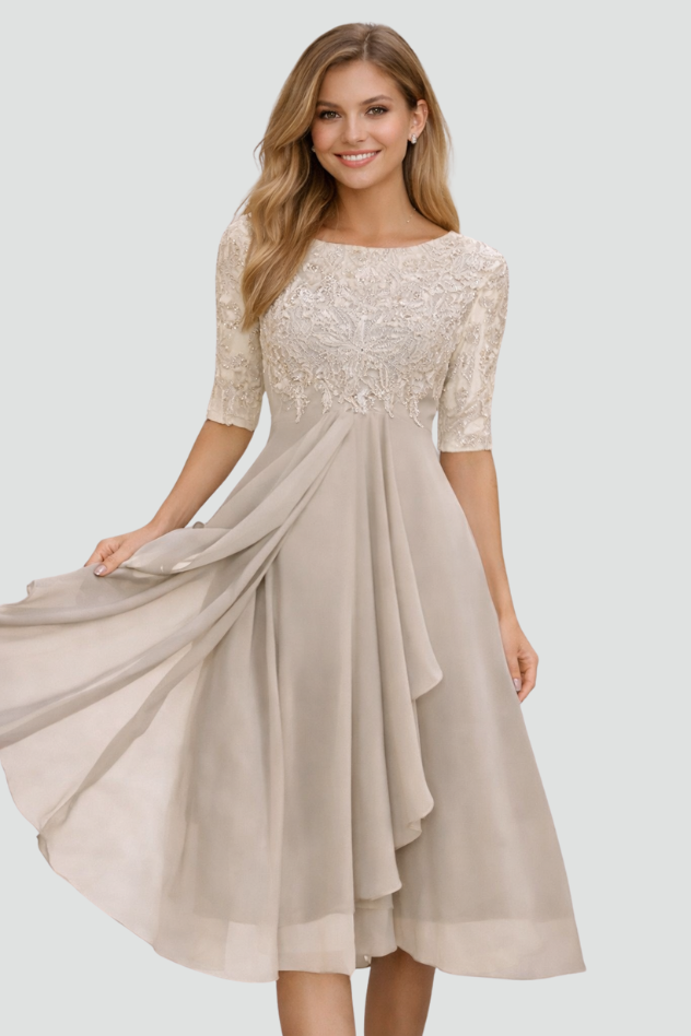 Flowy women's midi evening dress with elegant three-quarter sleeves. Ideal for parties & formal events.
