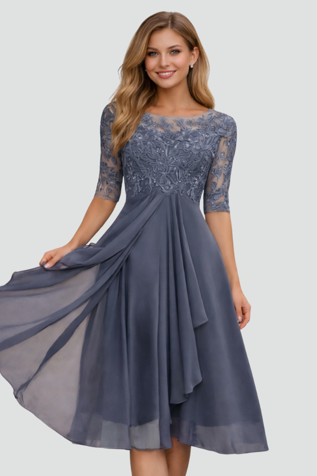 Sophisticated elegant midi evening dress for women, ideal for galas, formal dinners & special events.
