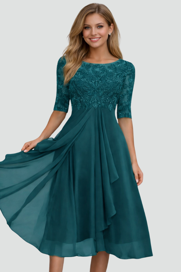 Stylish three-quarter sleeve midi dress for women, an elegant choice for evening parties & events.