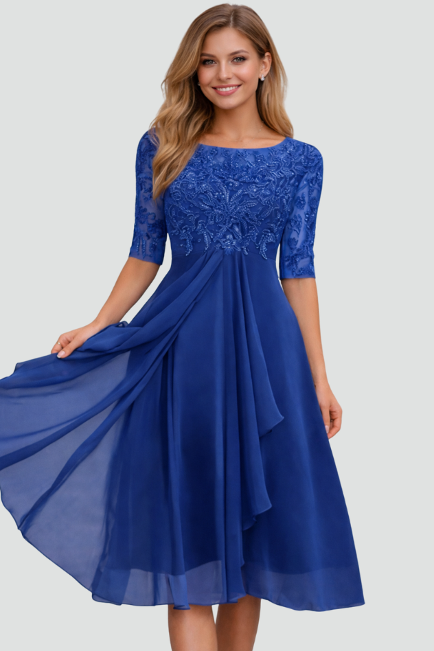 Comfortable flowy midi dress, elegant formal wear for women's special occasions and evening parties.