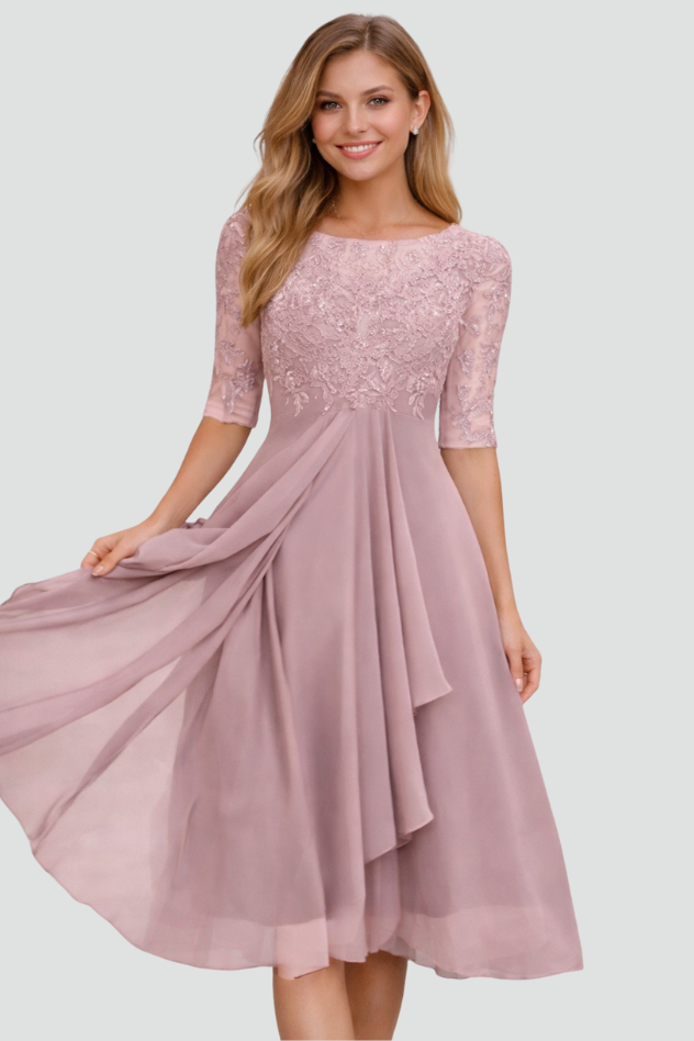Luxurious elegant midi evening dress for women. Perfect special occasion, cocktail, or formal party dress.