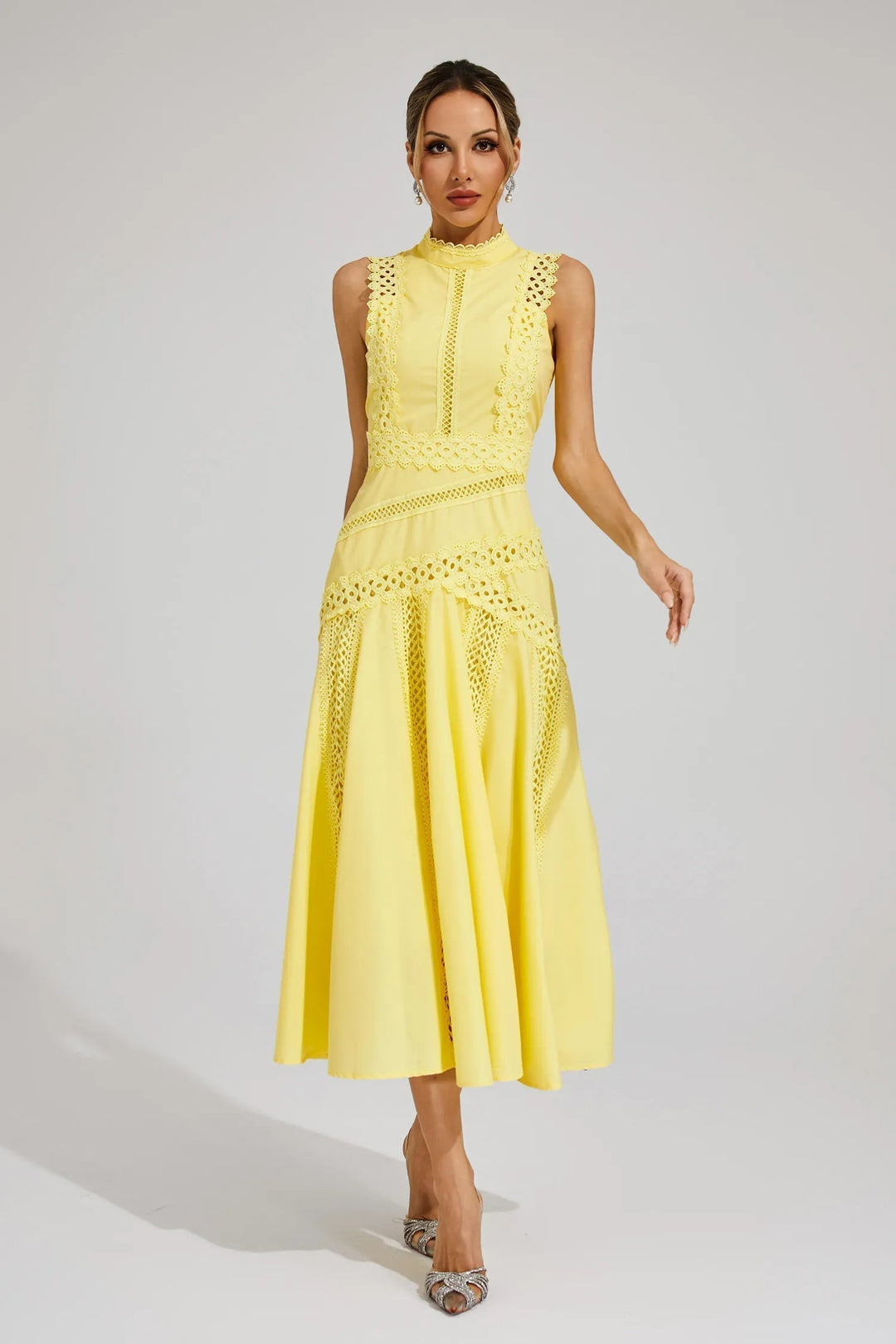 Elegant women's mock neck lace A-line midi dress, perfect for wedding guests & formal occasions.
