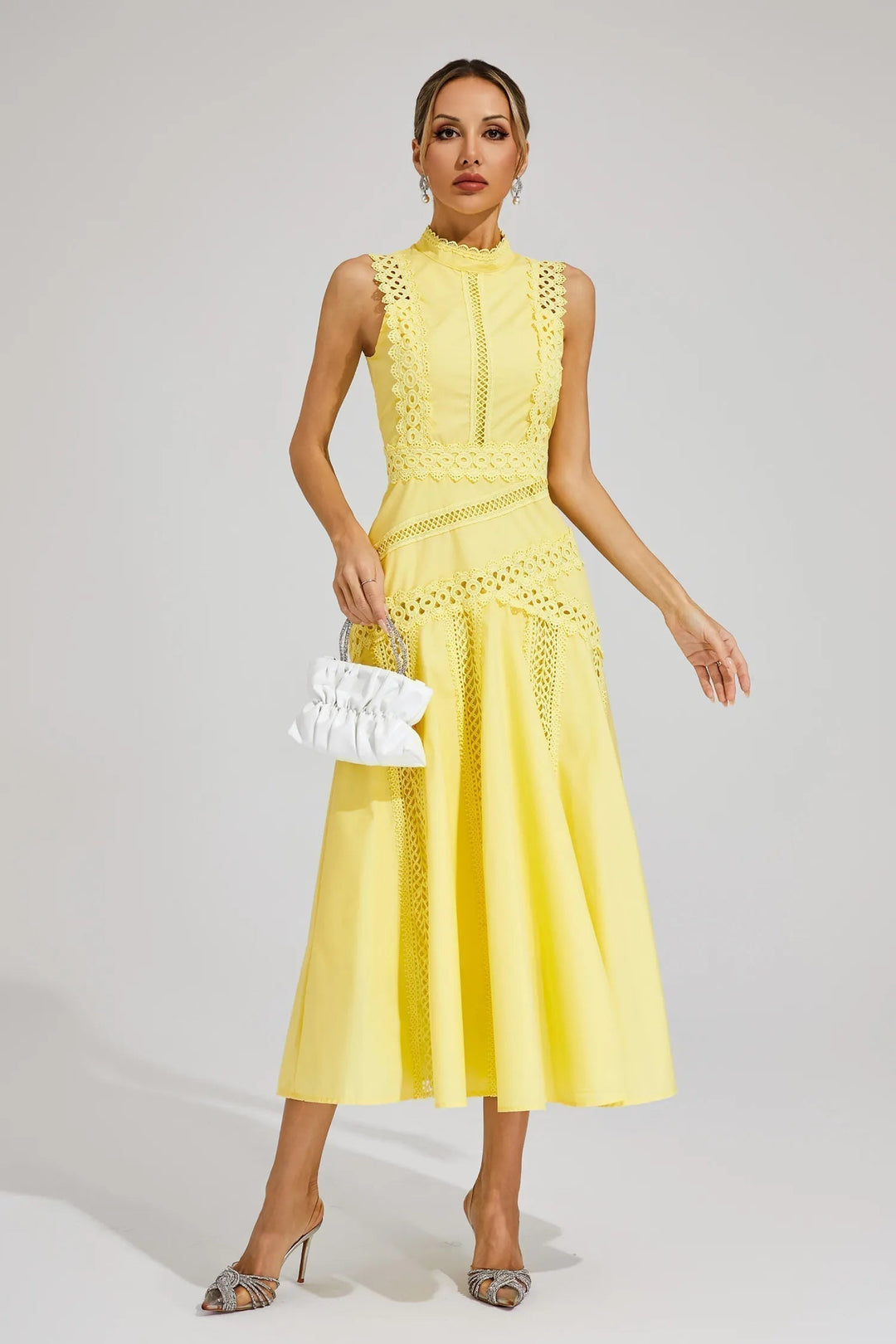 Formal women's mock neck lace A-line dress, elegant midi length perfect for any party.