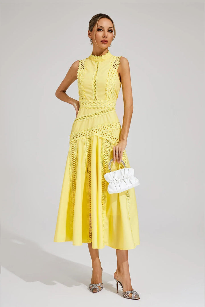Delicate cutwork lace A-line midi dress for women, sophisticated mock neck style for wedding guests.