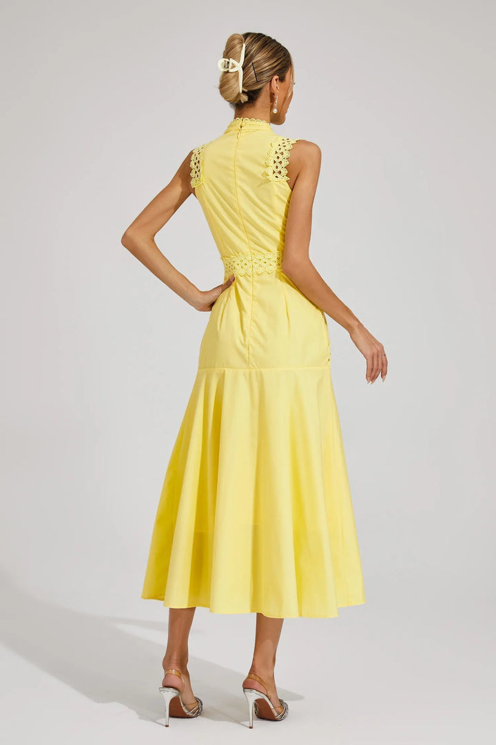 Chic women's mock neck lace midi dress, an elegant A-line design for daytime & evening events.