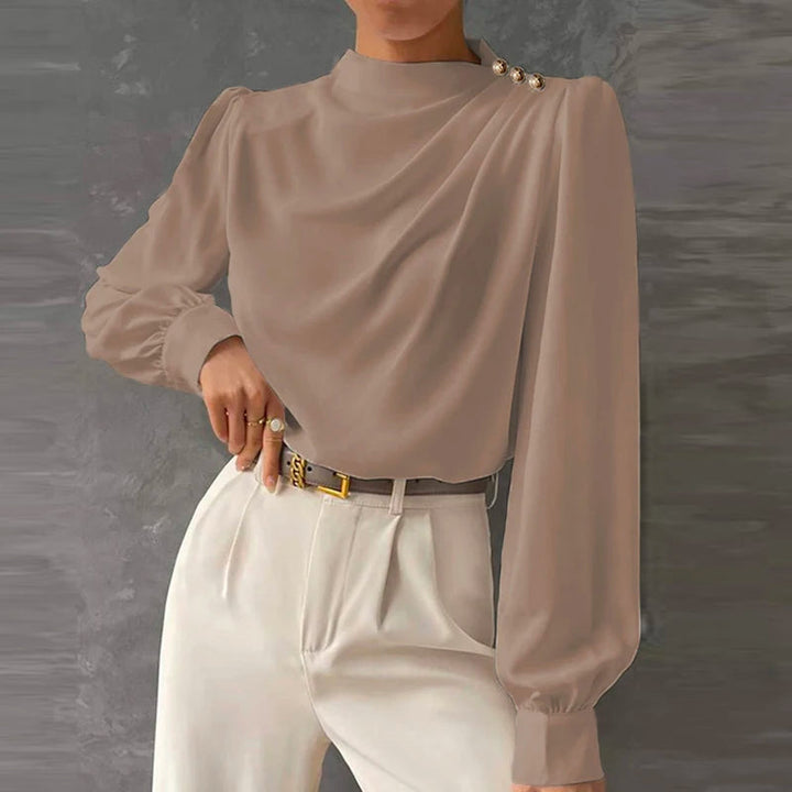 Elegant women's mock neck ruched blouse with gold buttons & long sleeves, perfect for office or dressy occasions.