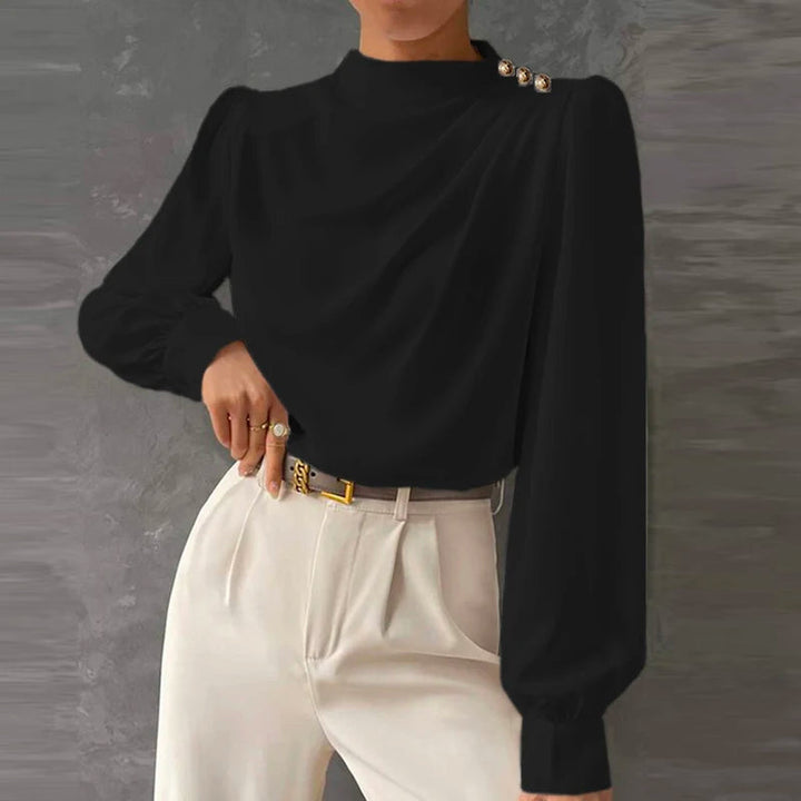 Stylish women's mock neck ruched top with elegant gold buttons & long sleeves, ideal for professional attire.