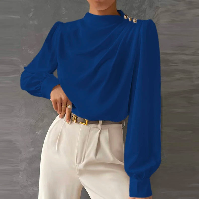Dressy women's long sleeve mock neck blouse, an elegant choice with ruched details & shiny gold buttons.
