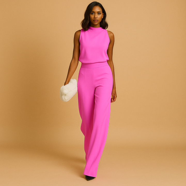 Modern women's formal jumpsuit featuring a sleek mock neck, sleeveless top, and fashionable wide leg design.