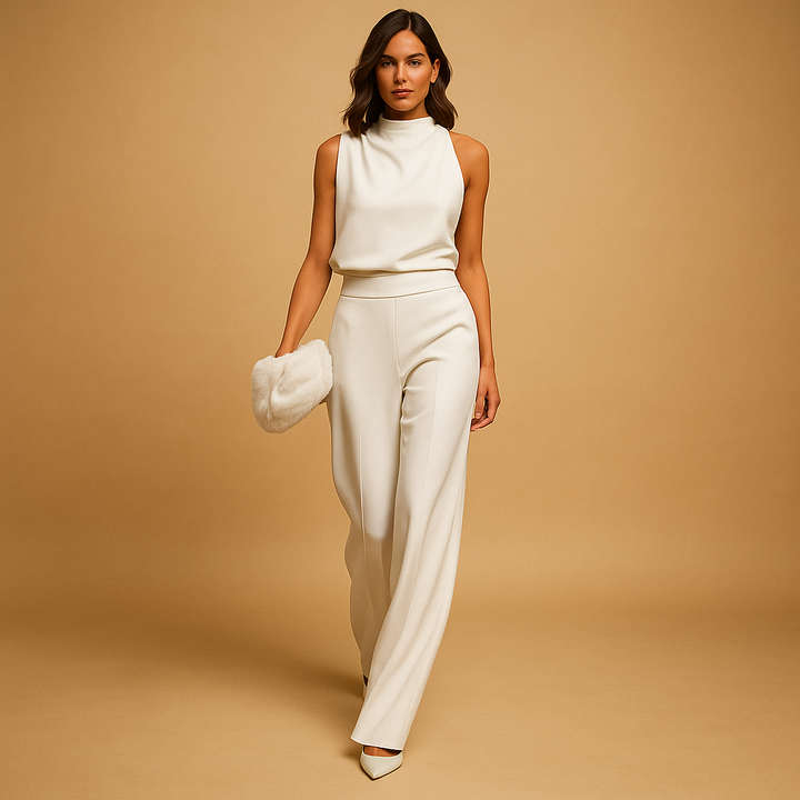 Flattering elegant women's mock neck sleeveless wide leg jumpsuit, versatile for formal and evening wear.